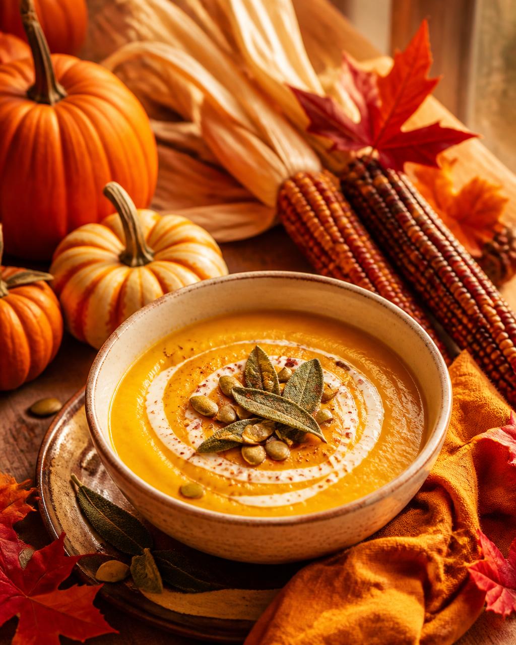 Golden pumpkin soup surrounded by an autumn harvest