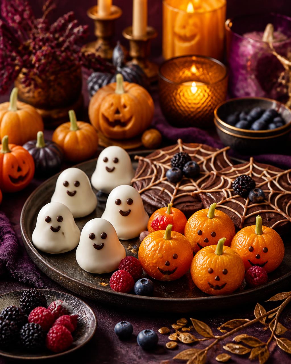 Playful healthy Halloween treats with pumpkins and friendly ghosts